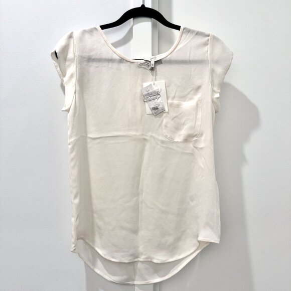 NWT XS Joie Rancher Silk Top Pocket Short Cap Sleeve Shirt Porcelain Ivory Cream - Picture 1 of 16